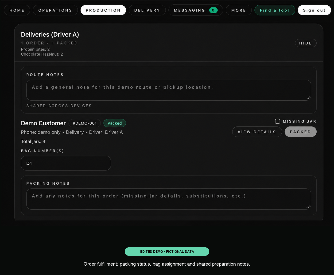 Urban Jars fulfillment screen with one fictional customer order, packing status and bag assignment.
